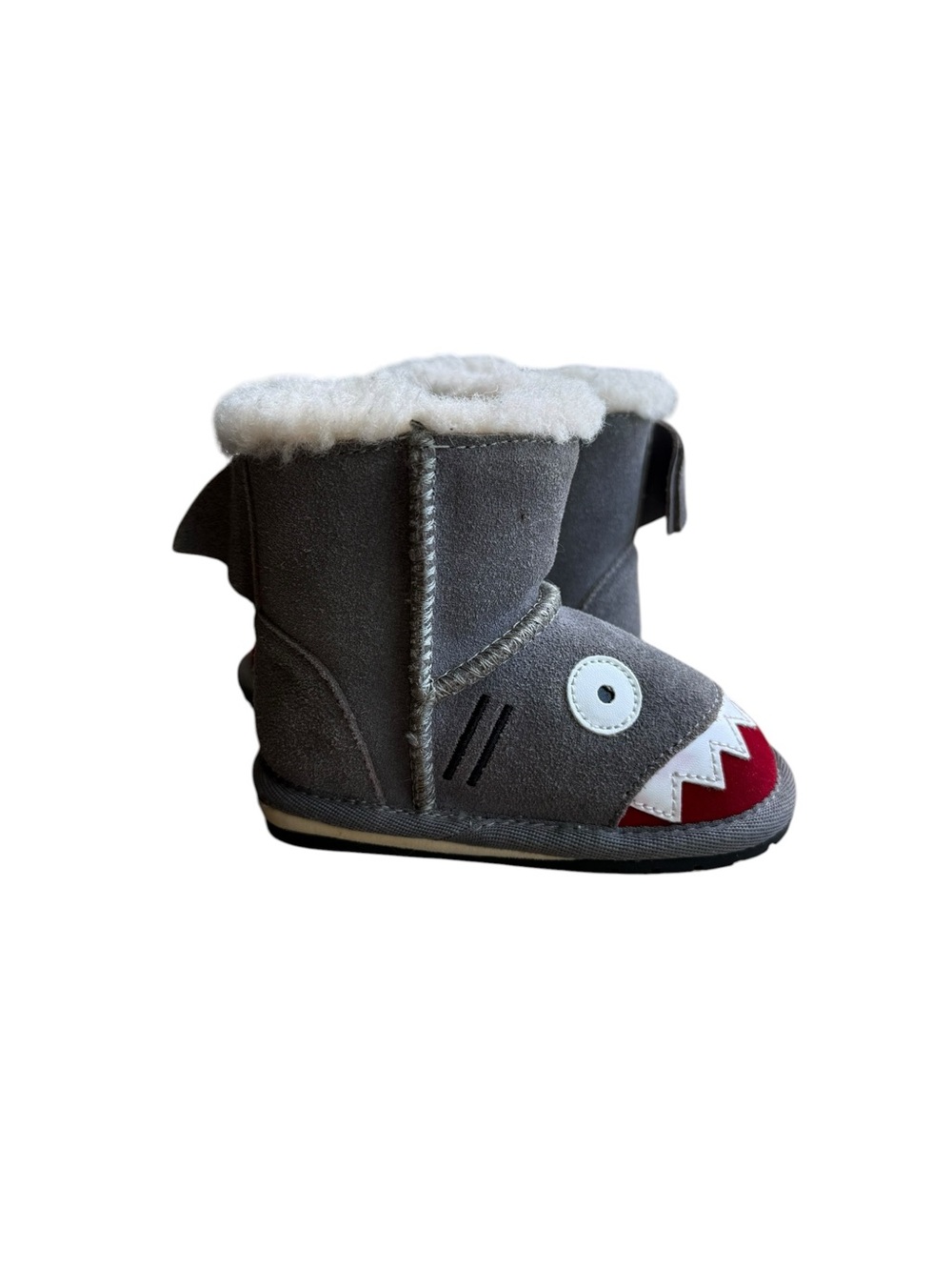 Emu Australia Gray Shark Booties with Red Mouth Accent